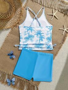 SHEIN Bộ đồ bơi tankini buộc dây hở hông in hình cây cọ cho bé gái tuổi mới lớn, họa tiết ngẫu nhiên - Màu xanh lam - Xem 2
