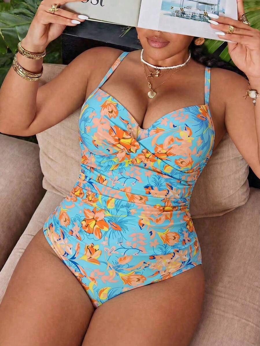 Swim Vcay 大码女士连体随机印花休闲泳衣 - 藍色 - 查看 1