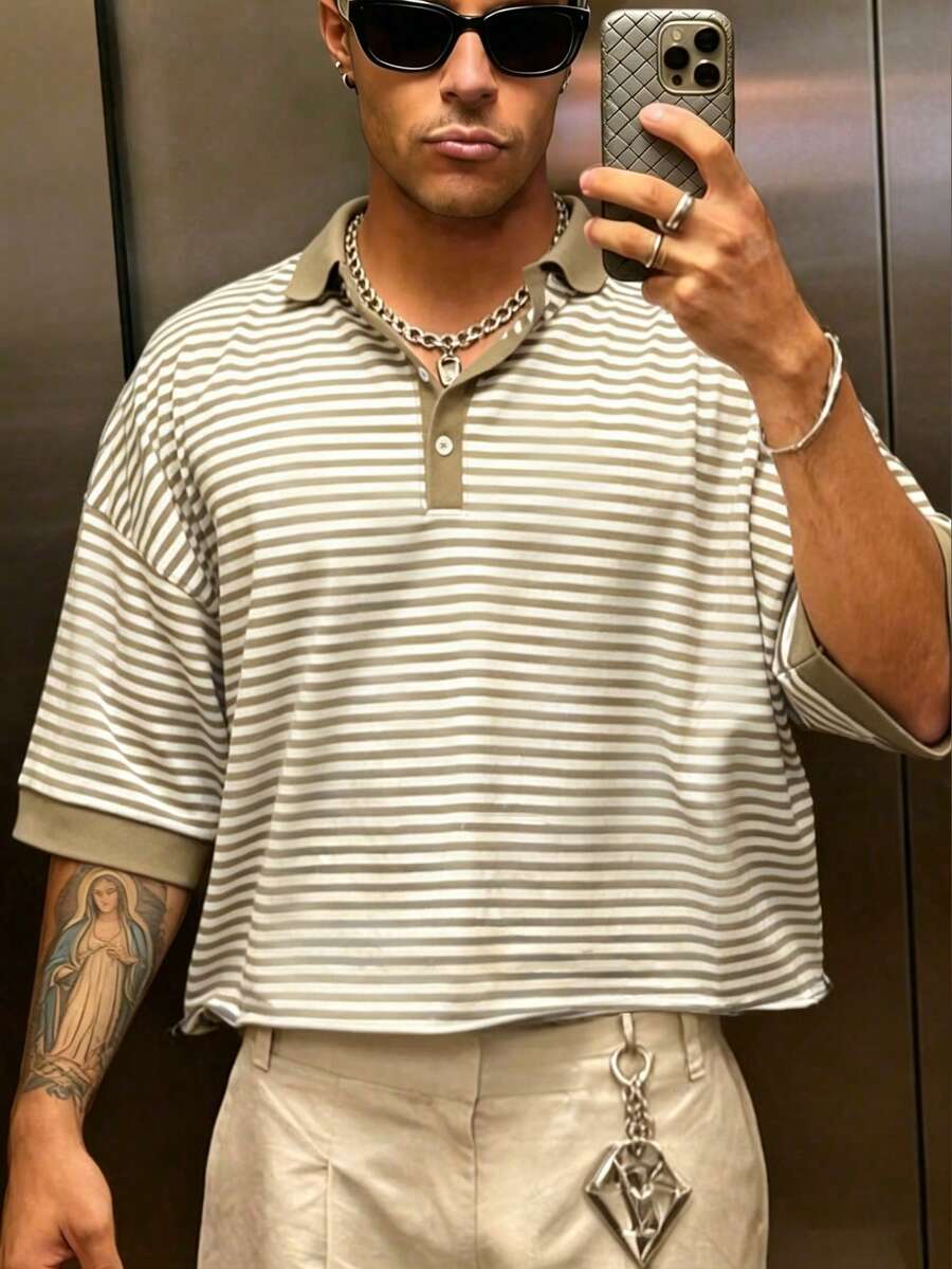 Manfinity Dauomo Casual Striped Short Sleeve T-Shirt For Men - Khaki - View 1