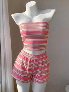 Comfortcana Conjunto de top bandeau y shorts a rayas de contraste vintage para mujer, adecuado para la playa, la calle, el aeropuerto y el uso en casa - Multicolor - Ver 4