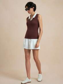 Nima Coro Women's Summer Back To School American Retro Color-Block Collar Sleeveless Vest, Brown Ribbed V-Neck Slim Fit Base Layer, Daily Office Preppy Wear. - Brown - View 5