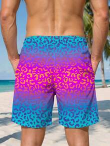 SHEIN (不含嬰幼兒) 男士藍色漸層印花沙灘短褲，適合島嶼度假、夏威夷度假、度假約會、情侶穿搭、假期 - 彩色 - 查看 3