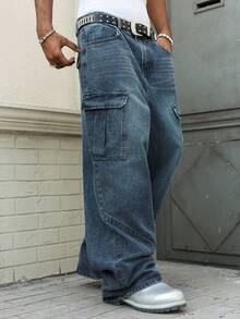Manfinity EMRG Denim Cargo de Estilo Casual Unissex com Ajuste Folgado e Vários Bolsos - Azul - Visão 6