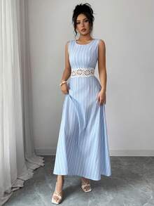 Elenzga Đầm nữ mùa hè mới, kiểu dáng thanh lịch, chất liệu cotton, phối ren tương phản, họa tiết sọc xanh dương, không tay, eo thon. - Màu xanh lam - Xem 8