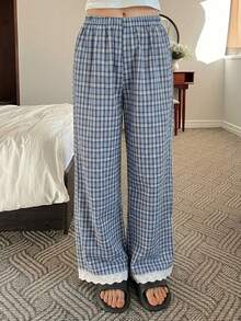 DAZY Women's Comfortable Plaid Print Mesh Embroidered Pajama Pants For Daily Wear - Blue - View 5