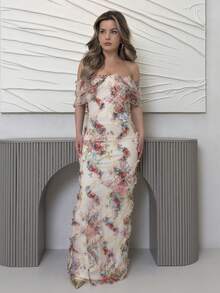 Jemour Elegant Romantic Ruffle Off Shoulder Cinched Waist Bodycon Mesh Floral Dress For Women Party - Multicolor - View 6