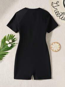 Traje de baño de una pieza para adolescentes con mangas raglán de punto negro, estampado de leopardo y bloques de color, traje de surf con cremallera para primavera/verano - Negro - Ver 2