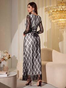 Modelyn Đầm ren dài tay cổ tròn màu đen và đỏ dành cho nữ - Đen và trắng - Xem 2