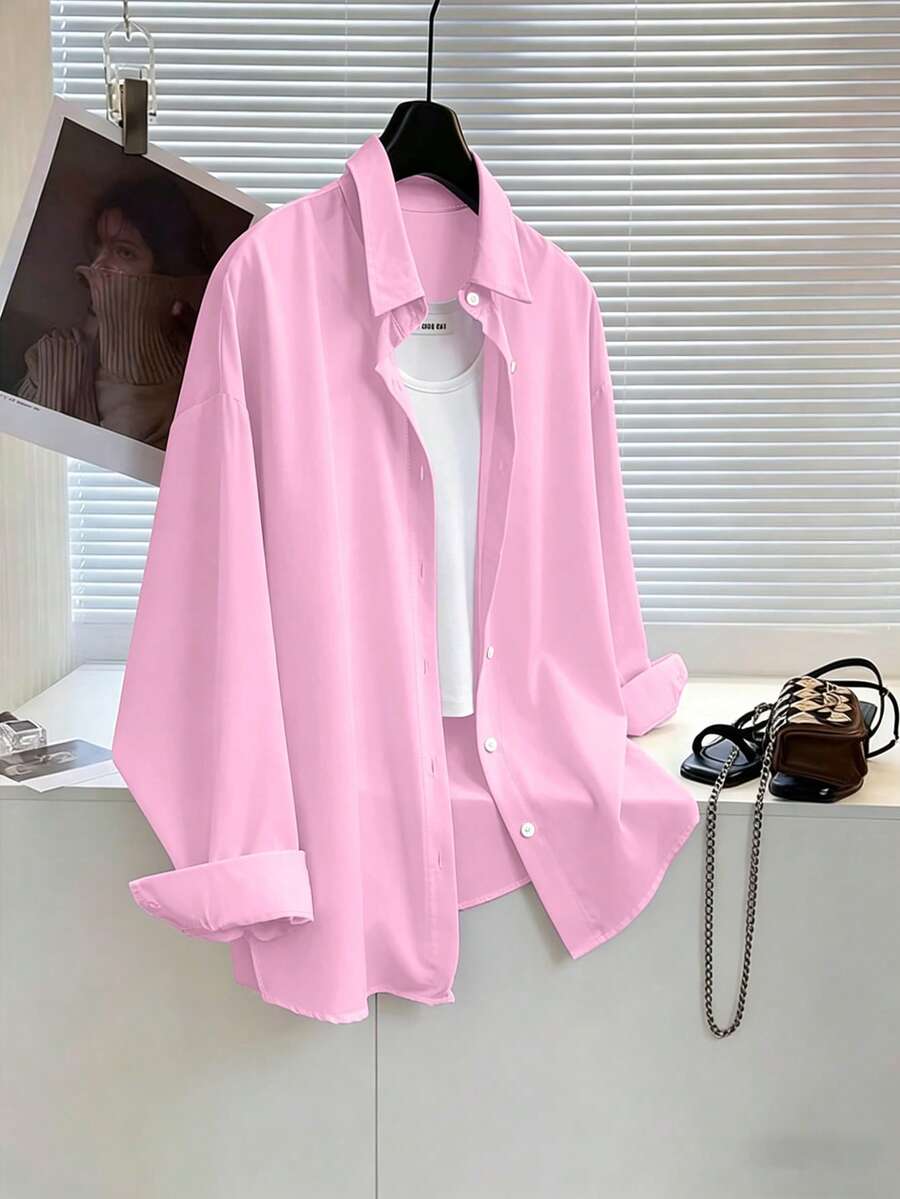 INAWLY Damen Große Größen einfaches, lässiges Hemd mit Knopfleiste, langärmlig, unifarben - Pink - Übersicht 1