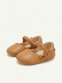 Cozy Pixies A Pair Of Childlike Cute Brown Basic Princess Style Girls Woven Bows Mary Jane Love Soft Non-Slip Bottom Baby Flats - Brown - View 4