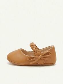 Cozy Pixies A Pair Of Childlike Cute Brown Basic Princess Style Girls Woven Bows Mary Jane Love Soft Non-Slip Bottom Baby Flats - Brown - View 7