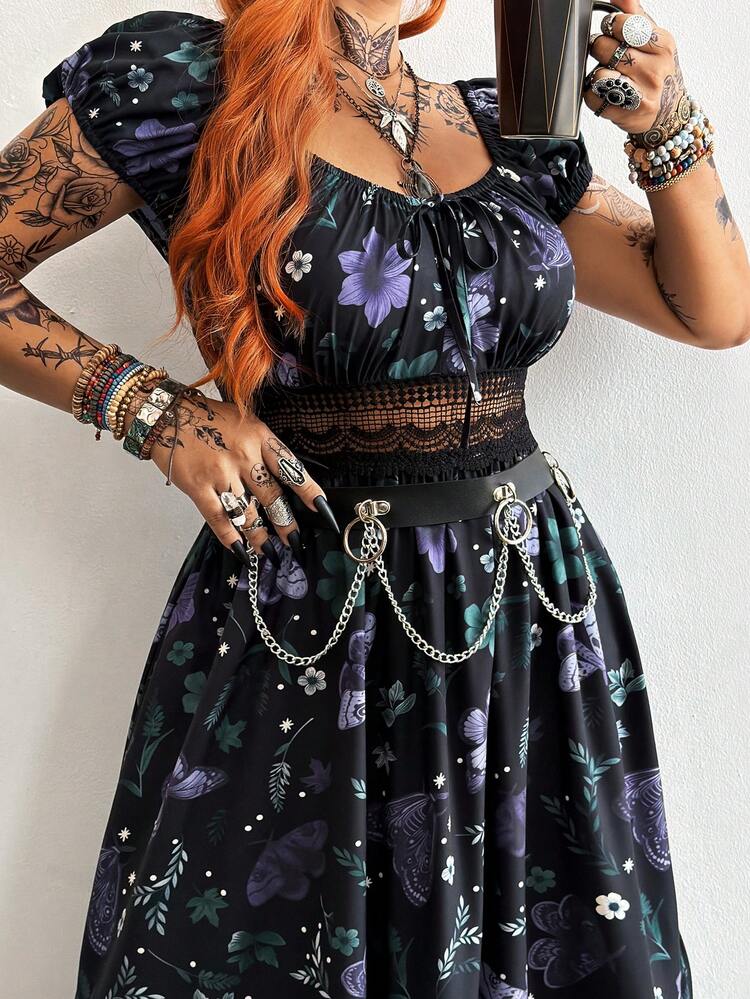 Whyspr Plus Size Women Dress,Black,Autumn,Goth,Night Out Club,Square Neck Ruched Drawstring Waist Elegant Ruffled Butterfly A-Line Punk Grunge - Multicolor - View 7