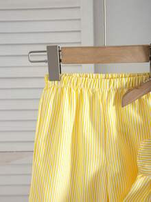 Babygirl Cute Vacation Casual Striped Bow Decor Camisole & Elastic Waist Pants Set - Yellow - View 6