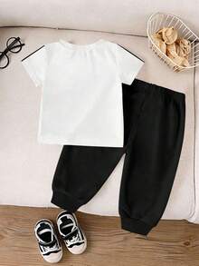 Souflis Souflis 2pcs/Set Young Boy's Casual Cowboy Logo Graphic Short Sleeve T-Shirt And Relaxed Fit Sweatpants Set,Stylish White Summer Vacation Kids Clothes Set - Multicolor - View 5