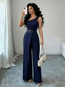 Elenzga Jumpsuit Wanita Warna Polos untuk Pakaian Kasual Sehari-hari - Navy Blue - View 5