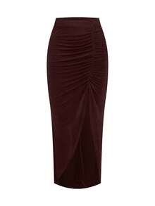 Ellevyn Scooped Neck Top And Pleated Slit Midi Skirt Set, Suitable For Daily Wear - Rust Brown - View 6