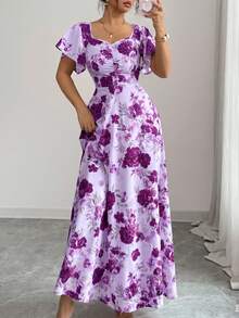 SHEIN Elenzya Women Purple Floral Elegant Summer Tea Party Rose Ditsy Floral Ruched Front Ruffle Sleeve Waist A-Line Maxi Dress,French Retro Vacation Date Fashion - Multicolor - View 6
