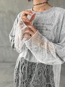 FRIFUL 女士标语印花撞色蕾丝圆领长袖T恤 - 淺灰色 - 查看 1