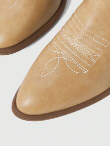 ROMWE Fairycore Botas Ocidentais Marrons, Botas Altas Bordadas de Slip-On, Botas de Motociclista de Couro Até o Joelho, Botas Até o Joelho de Salto Grosso para Mulheres - Marrom amarelo + flores - Visão 6