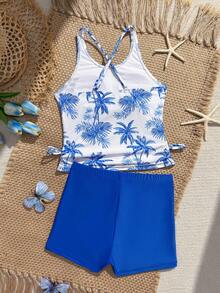 SHEIN Tween Girls Palm Tree Print Tie Side Tankini Swimwear Set, Random Print - Royal Blue - View 2