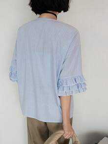 FRIFUL Women's Fashion Versatile Striped Single-Breasted Layered Ruffle Cuff Shirt - Blue - View 3