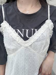 FRIFUL 女士白色细肩带荷叶边吊带背心，纯色甜美风格，春夏款 - 白色 - 查看 4