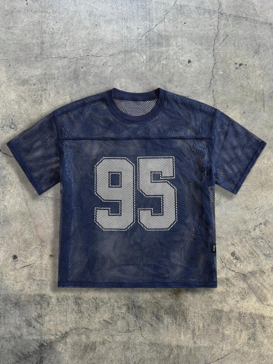 AXEPEAK Men's Loose Mesh Numeric Print Short Sleeve T-Shirt, Summer, School, Streetwear Edition - Navy Blue - View 1