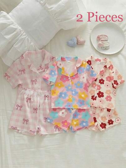 4pcs Baby Girls' Sweet Cute Elegant Casual Comfortable Fun Fashion Minimalist Colorful Fresh Soft Flame Retardant Knitted Fabric Cartoon Floral Print Lapel Cardigan Short Sleeve Top & Shorts Pajama Set