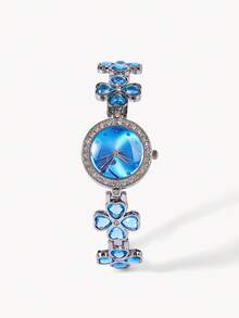 Opalesca 1pc Women's Casual Clover Rhinestone Decor Bracelet Watch, Gift Accessories - Blue - View 4