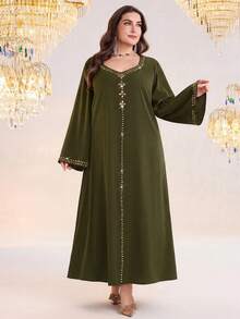 Al Najma Plus Size Women's Rhinestone Embellished Elegant Arabic Style Evening Dress For Party - Army Green - View 7