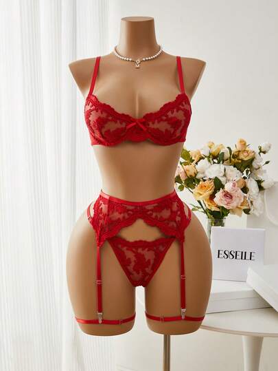 Esselle 5 peças/Conjunto Conjunto de Lingerie Sexy de Malha Bordada com Floral para Mulheres Sair