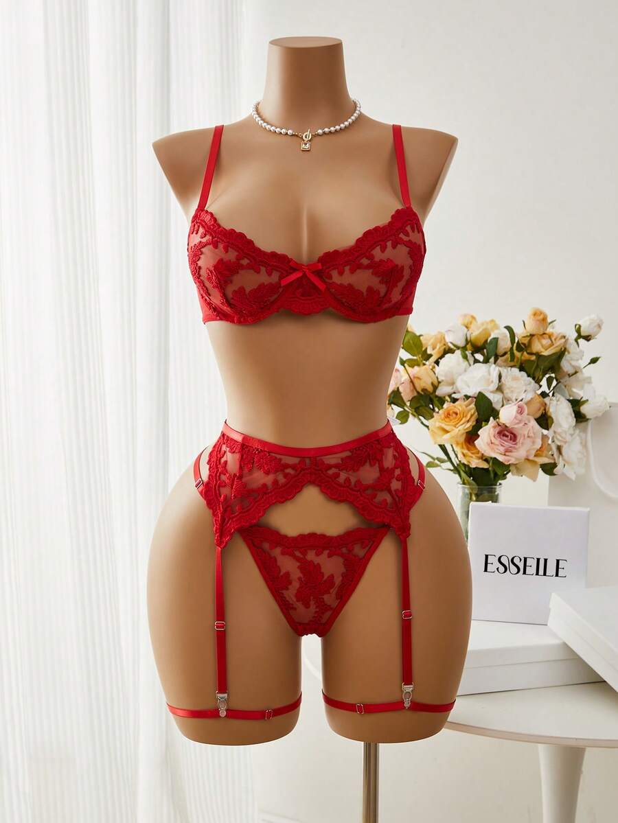 SHEIN 5件套女士花卉刺绣网眼性感内衣套装,适合外出穿着 - 紅色 - 查看 1