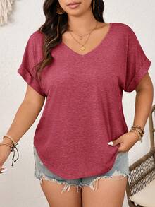 SHEIN Frenchy Plus Size Women's V-Neck T-Shirt With Lace Sunflower Patchwork Back - Watermelon Pink - View 2