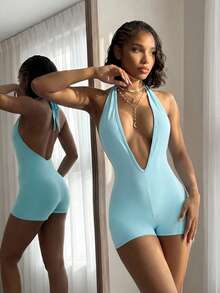 EgrlEra Bộ áo liền quần màu xanh nhạt cổ chữ V hở lưng dành cho nữ - Màu xanh nhạt - Xem 4