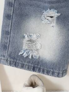 Young Boy Summer Casual Street Style Ripped Distressed Elastic Waist Light Blue Denim Shorts,Comfortable Cotton Fabric,Versatile For School & Daily - Medium Wash - View 8