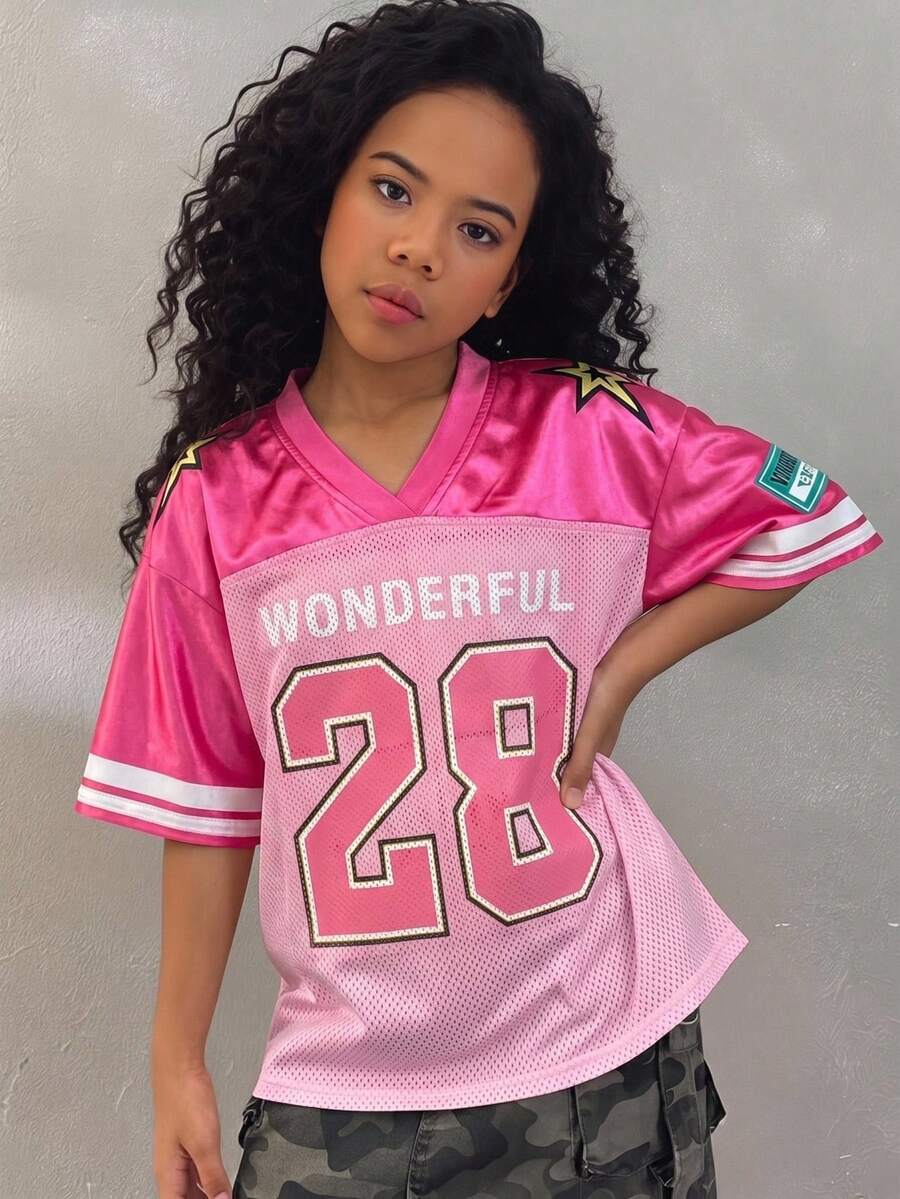 Coolane Kids Tween Girl Tween Girls Y2K Casual Sports Oversized Number Print Mesh T-Shirt, Street Style - Pink - View 1