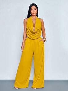 SOLERSUN Women's Elegant Vacation Mustard Yellow Halter Cowl Neck Backless Pockets Wide Leg Jumpsuit, Suitable For Office Bar Party Business Summer - Yellow - View 7