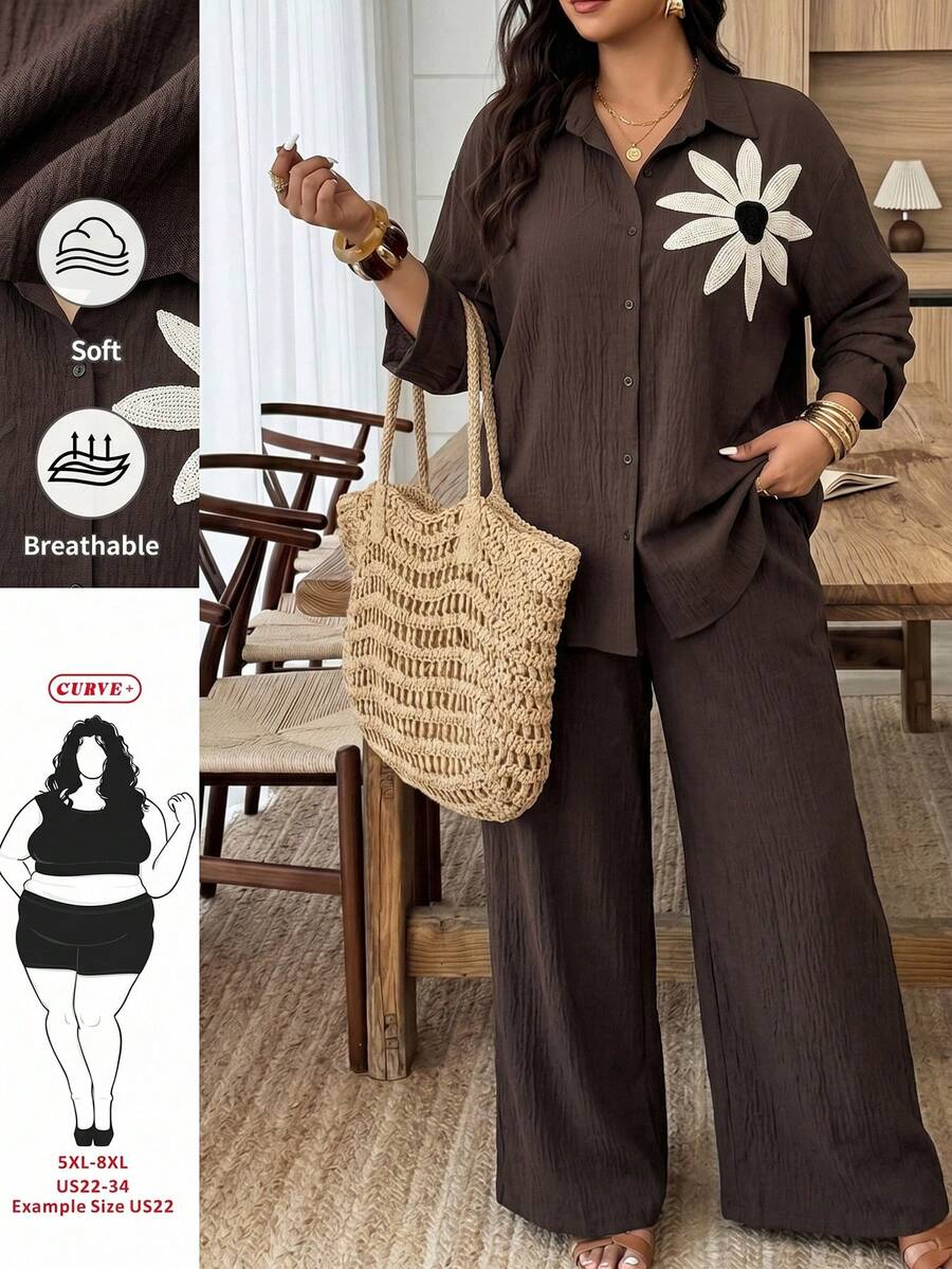 SHEIN CURVE+ 大码女式纹理宽松单排扣花卉钩编装饰长袖衬衫和休闲裤两件套 - 巧克力棕 - 查看 1