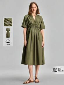 Ontre 女士休闲纯色抽绳腰连衣裙，夏季 - 軍綠色 - 查看 2