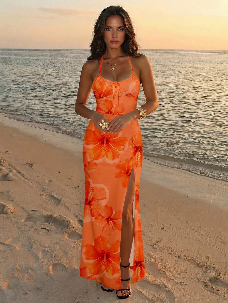 Aloruh Đầm nữ kiểu dáng nghỉ mát màu cam in họa tiết hoa dâm bụt Hawaii, trang phục thanh lịch cho kỳ nghỉ biển. - trái cam - Xem 1
