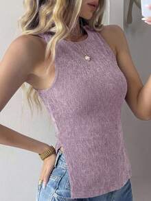 DAZY Áo thun nữ cổ tròn xẻ tà, kiểu dáng thời trang, đa năng, phù hợp mặc hàng ngày và đi nghỉ hè. - Màu tím hoa cà - Xem 5
