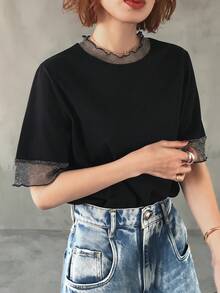 FRIFUL Kaos Wanita Kasual Longgar Berbahan Jala Transparan Warna Polos, Serbaguna untuk Musim Semi dan Musim Panas - Hitam - View 7