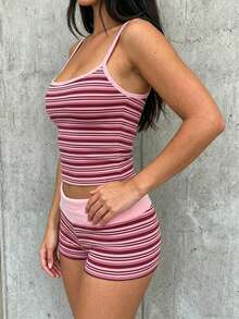 SHEIN EZwear 女士条纹吊带背心和短裤休闲套装 - 彩色 - 查看 4