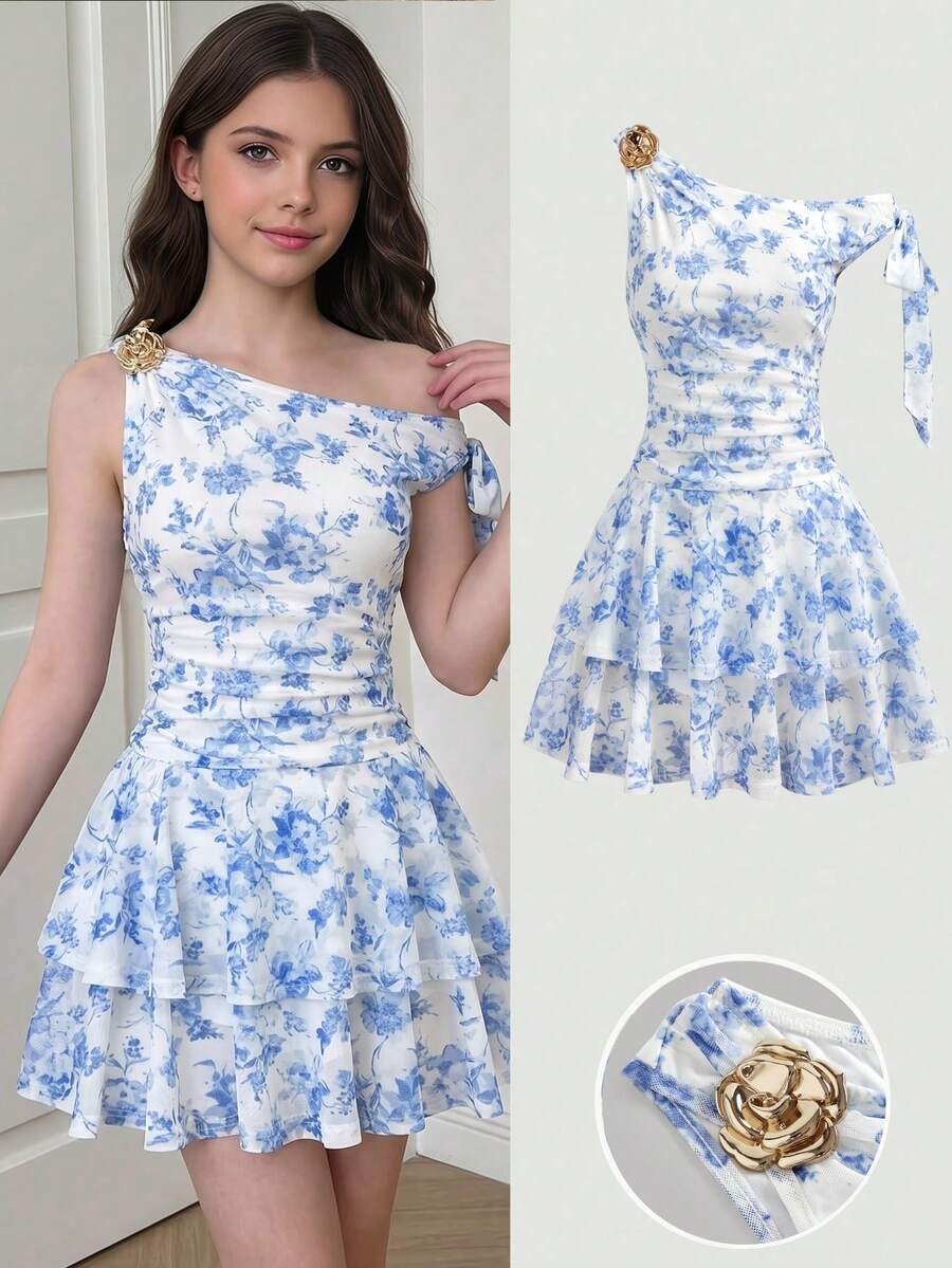 SHEIN 少女休闲蓝色碎花针织连衣裙 - 藍色 - 查看 1