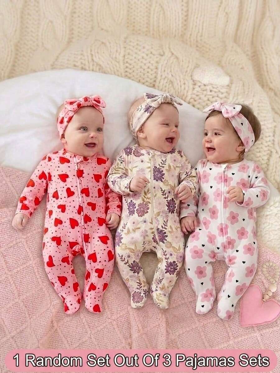 Bộ đồ ngủ dài tay dệt kim họa tiết trái tim dễ thương và thoải mái dành cho bé gái sơ sinh, phù hợp cho mùa xuân, hè, thu và đông. - Hồng - Xem 1