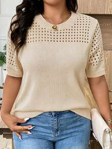 EMERY ROSE Große Größen Lässig Bluse mit Rundhalsausschnitt und kurzen Ärmeln mit Cut-Out-Muster - Aprikosenfarben - Übersicht 1