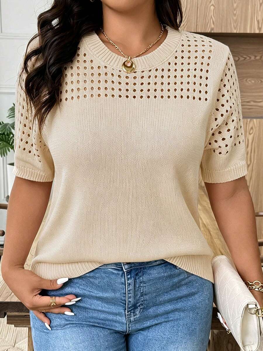 EMERY ROSE Große Größen Lässig Bluse mit Rundhalsausschnitt und kurzen Ärmeln mit Cut-Out-Muster - Aprikosenfarben - Übersicht 1