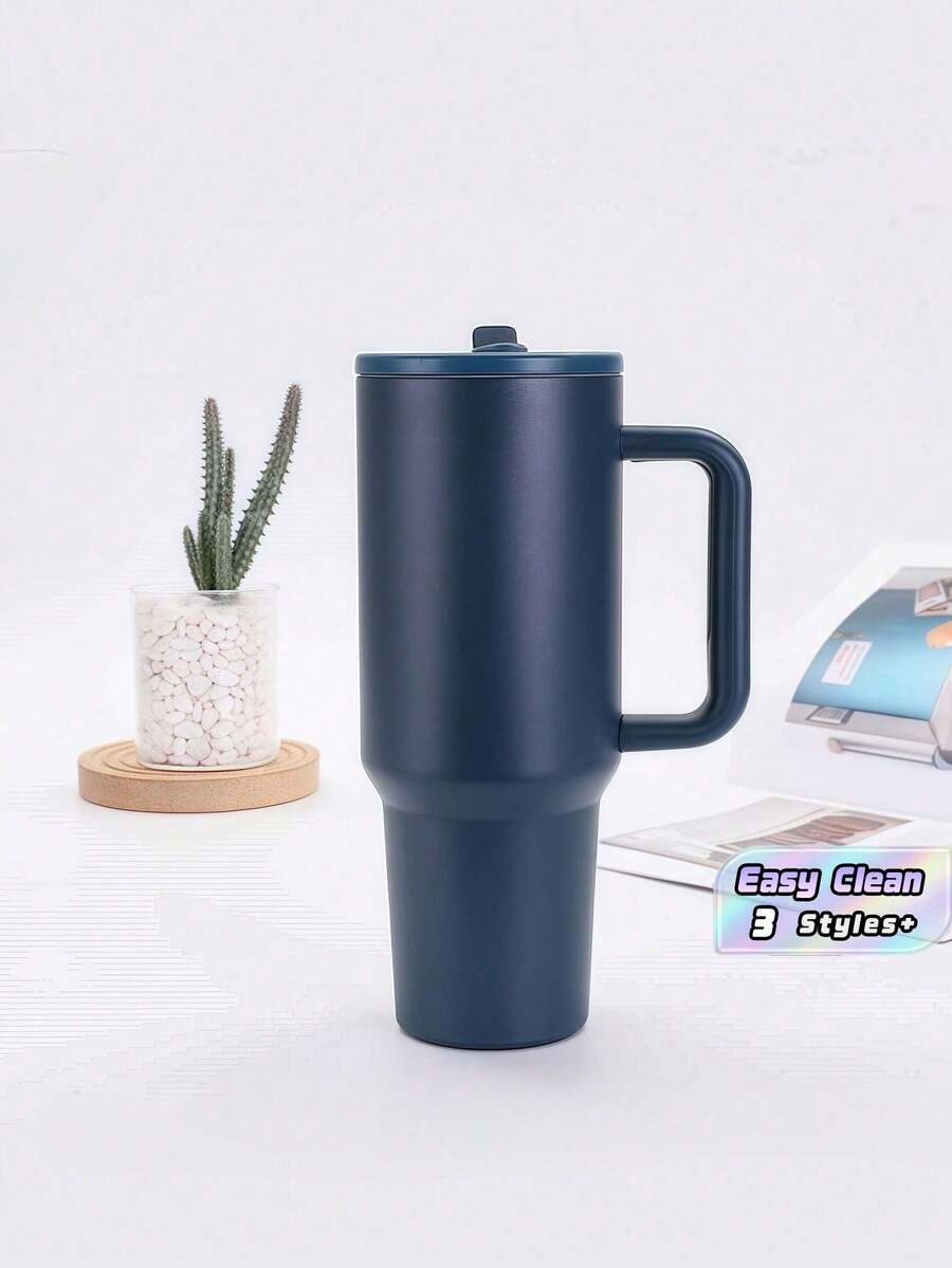 海军蓝 - 20/30/40盎司不锈钢保温杯，带手柄和可折叠吸管，双层真空隔热，冷热饮皆宜，简约旅行杯 - 藏蓝色 - 查看 1