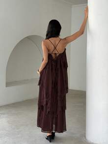 Aloruh Đầm dài dáng rộng thanh lịch dành cho nữ, chất liệu chiffon nhăn, thắt eo, phối ren màu nâu, thích hợp cho kỳ nghỉ xuân/hè. - màu nâu - Xem 2