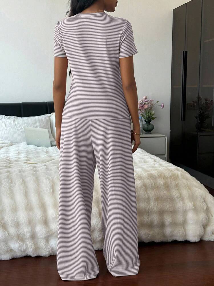 2pcs/Set Women Striped V-Neck Short Sleeve T-Shirt And Straight Long Pajama Pants, Spring/Summer Loungewear Set